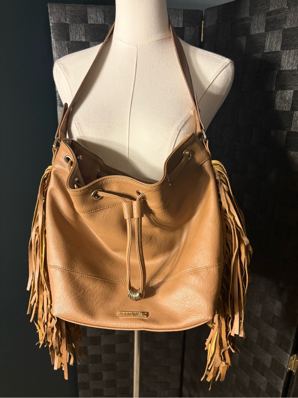 Rampage Cognac Faux Leather Fringe Drawstring Bucket Bag Boho Shoulder Purse